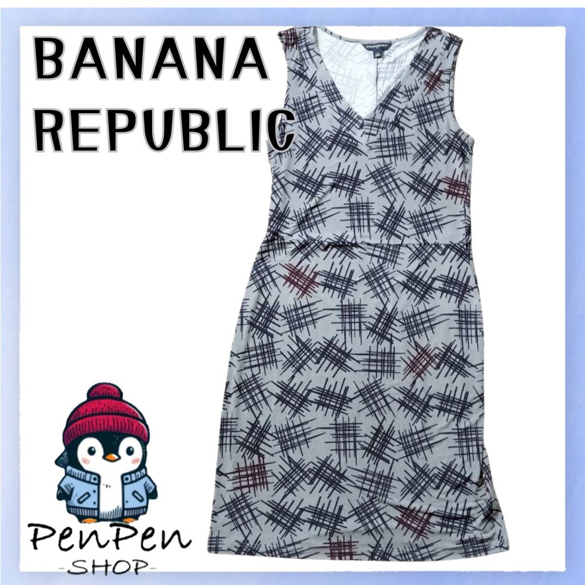 美品 ストレッチ BANANA REPUBLIC バナナリパブリック レディース ノースリーブ ワンピース 総柄 グレー ブラック size2 M相当拍卖