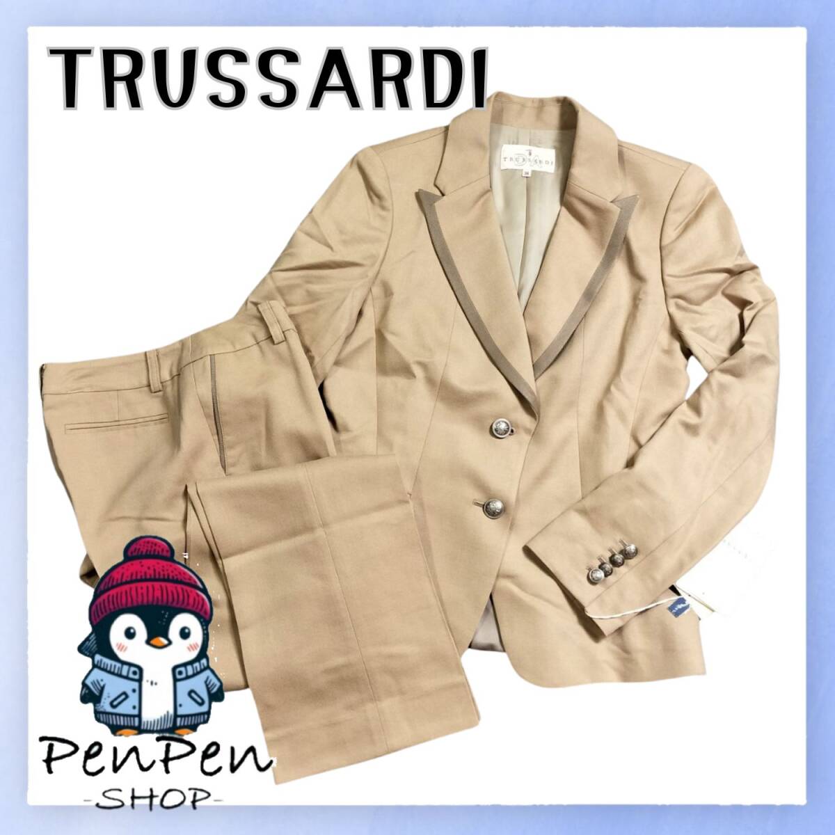 TRUSSARDI トラサルディ レディース パンツスーツ セットアップ ジャケット スラックス ストレッチ ベージュ 38 Mサイズ拍卖