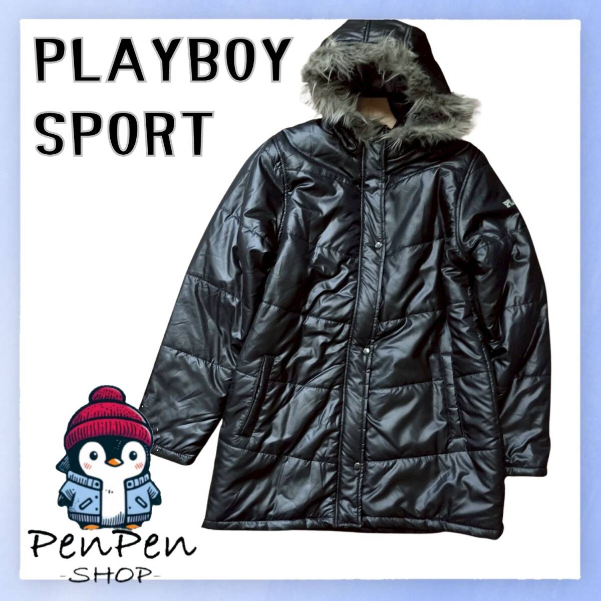PLAYBOY SPORT プレイボーイ スポーツ レディース 中綿コート フード付き フェイクファー ブラック XLサイズ拍卖