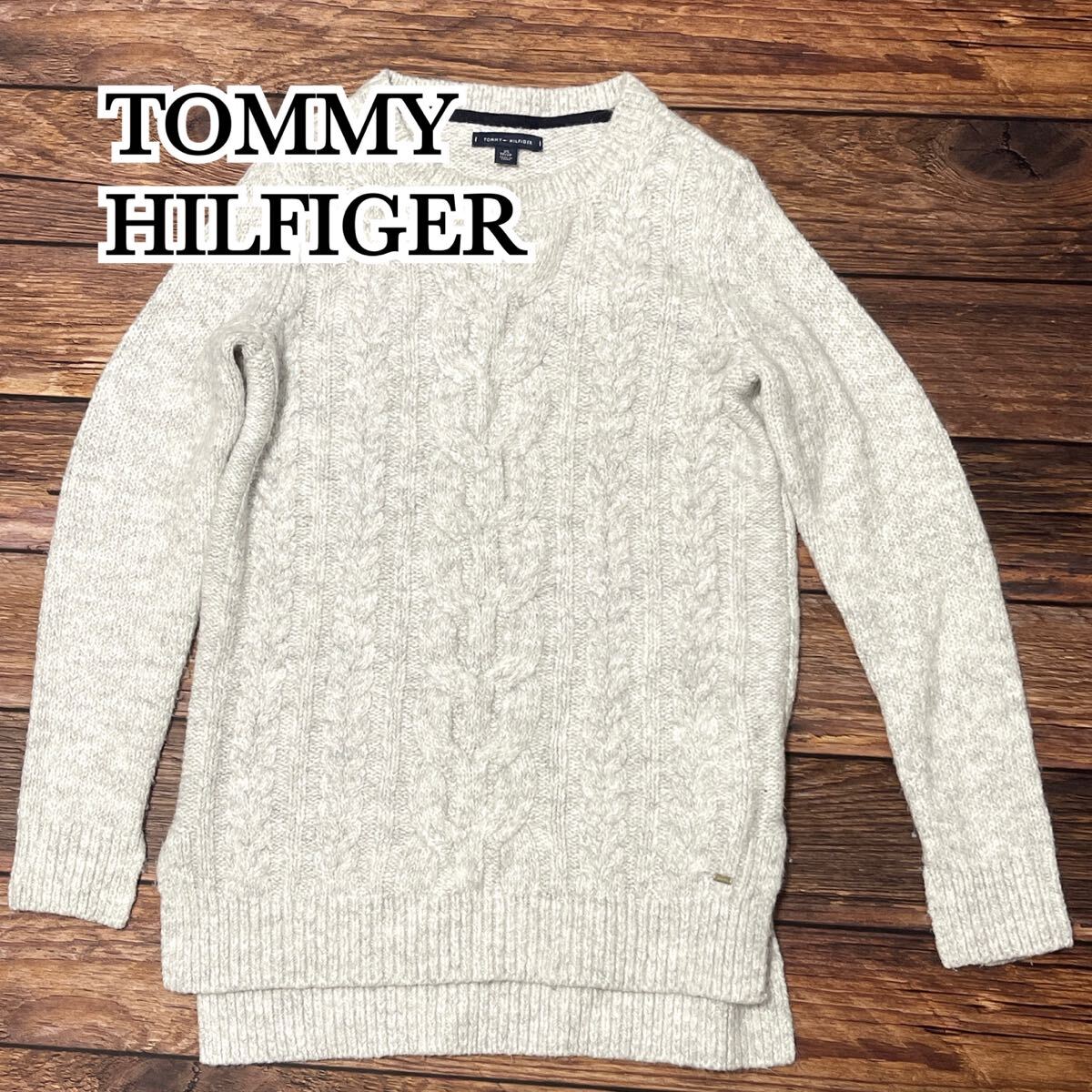 TOMMY HILFIGER トミーヒルフィガー ケーブルニット セーター クルーネック ゆったり 防寒 上品 冬 レディース グレー ライトグレー XS拍卖