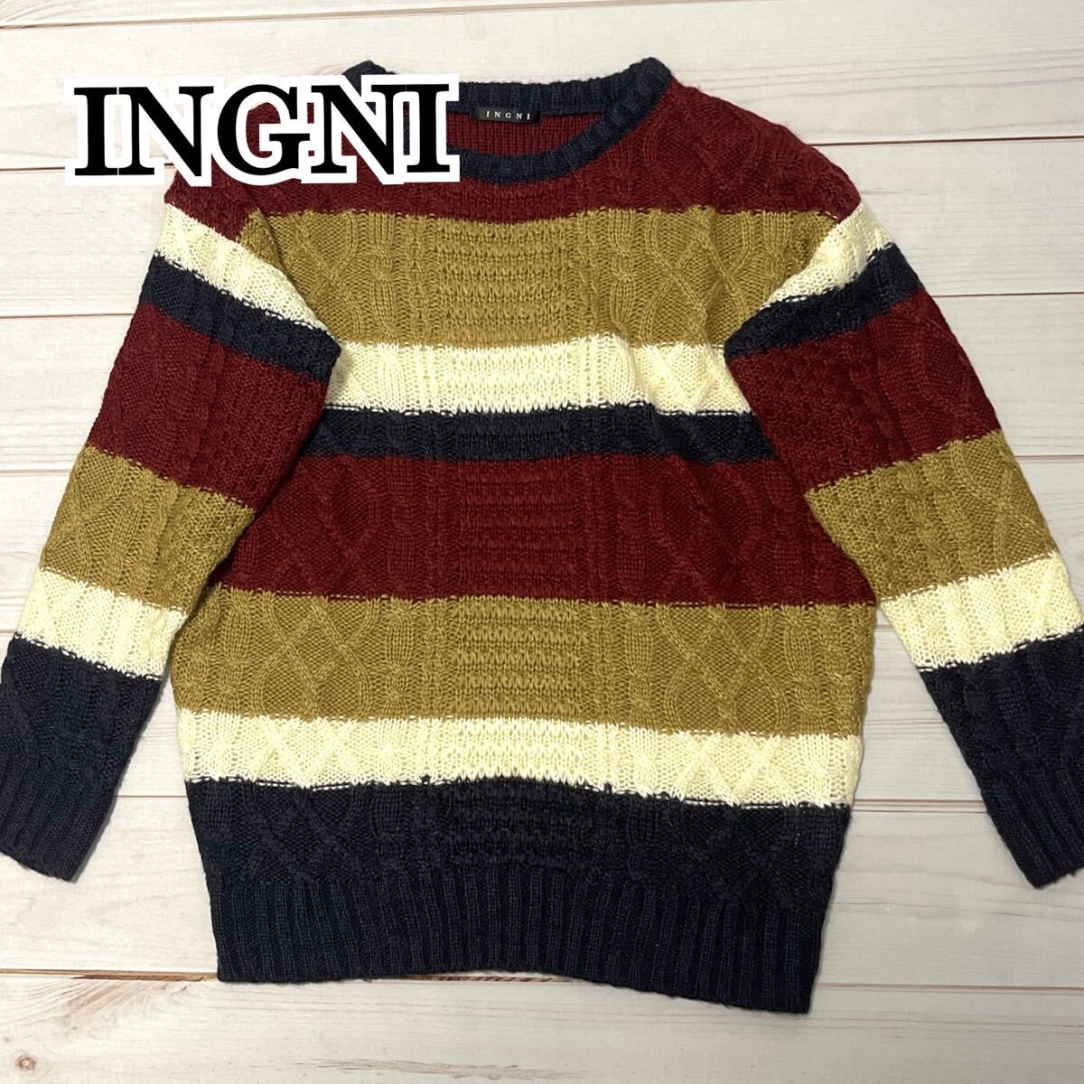 INGNI イング ニット セーター レディース トップス ボーダー ストライプ 長袖 防寒 冬 カジュアル レッド ボルドー ネイビー ベージュ M拍卖