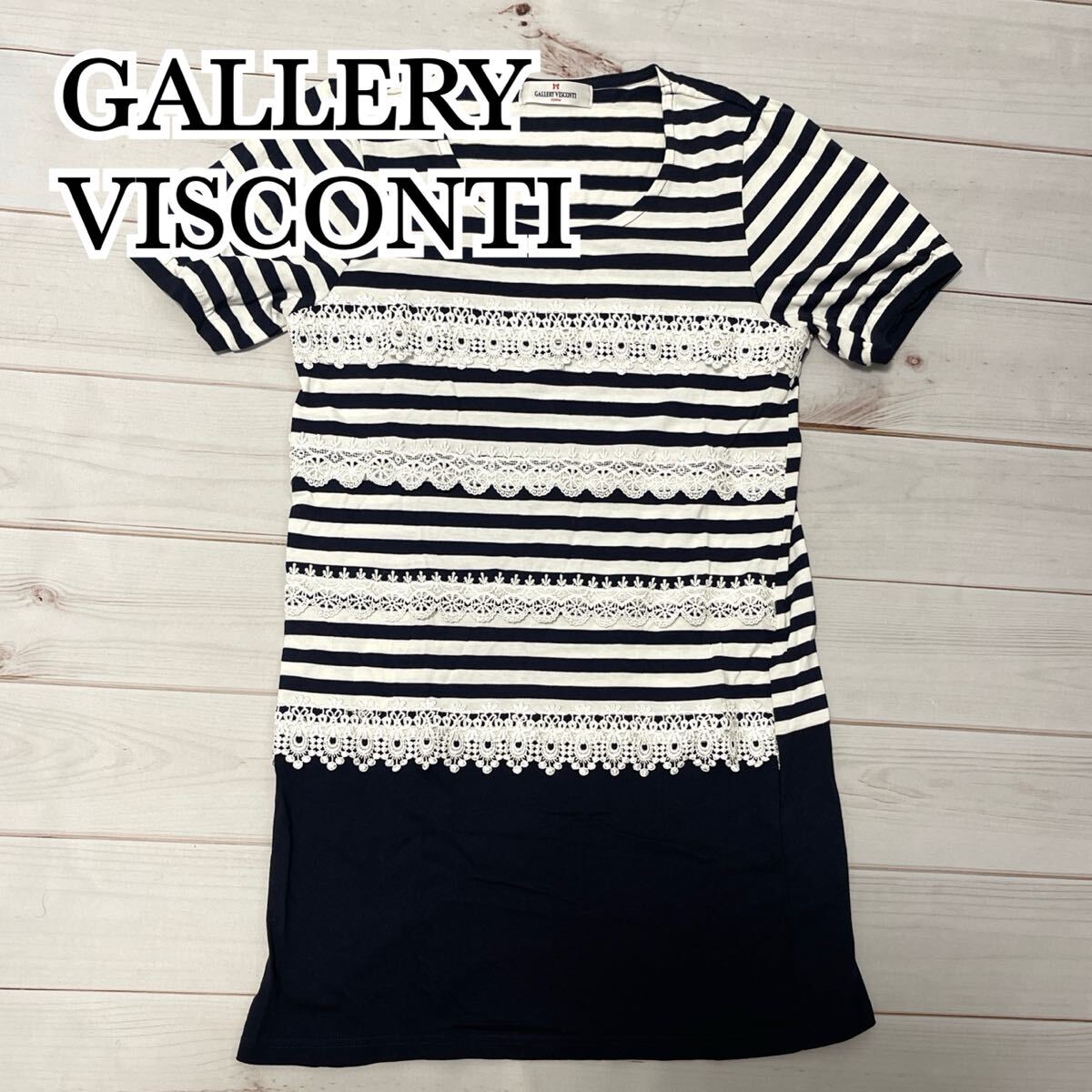 GALLERY VISCONTI ギャラリービスコンティ ボーダー レース チュニック レディース トップス ひざ丈 膝丈 ミニワンピ ネイビー ホワイト M拍卖