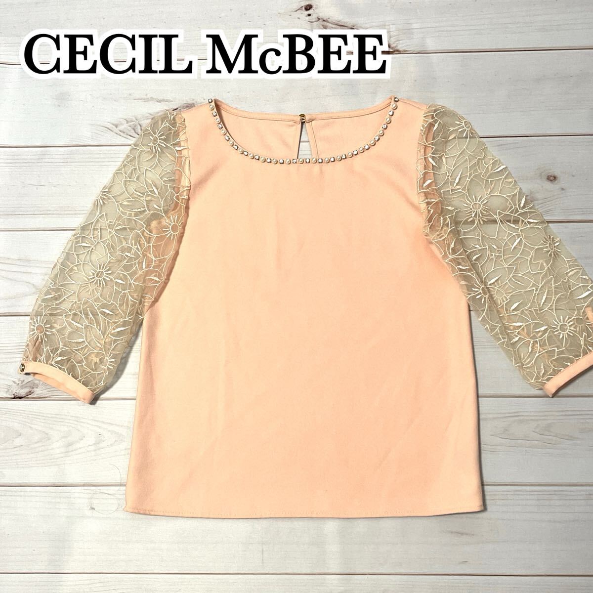 CECIL McBEE セシルマクビー カットソー ブラウス ドッキング レディース 七分袖 7分袖 丈長め シースルー 花柄 ピンク サーモンピンク M拍卖