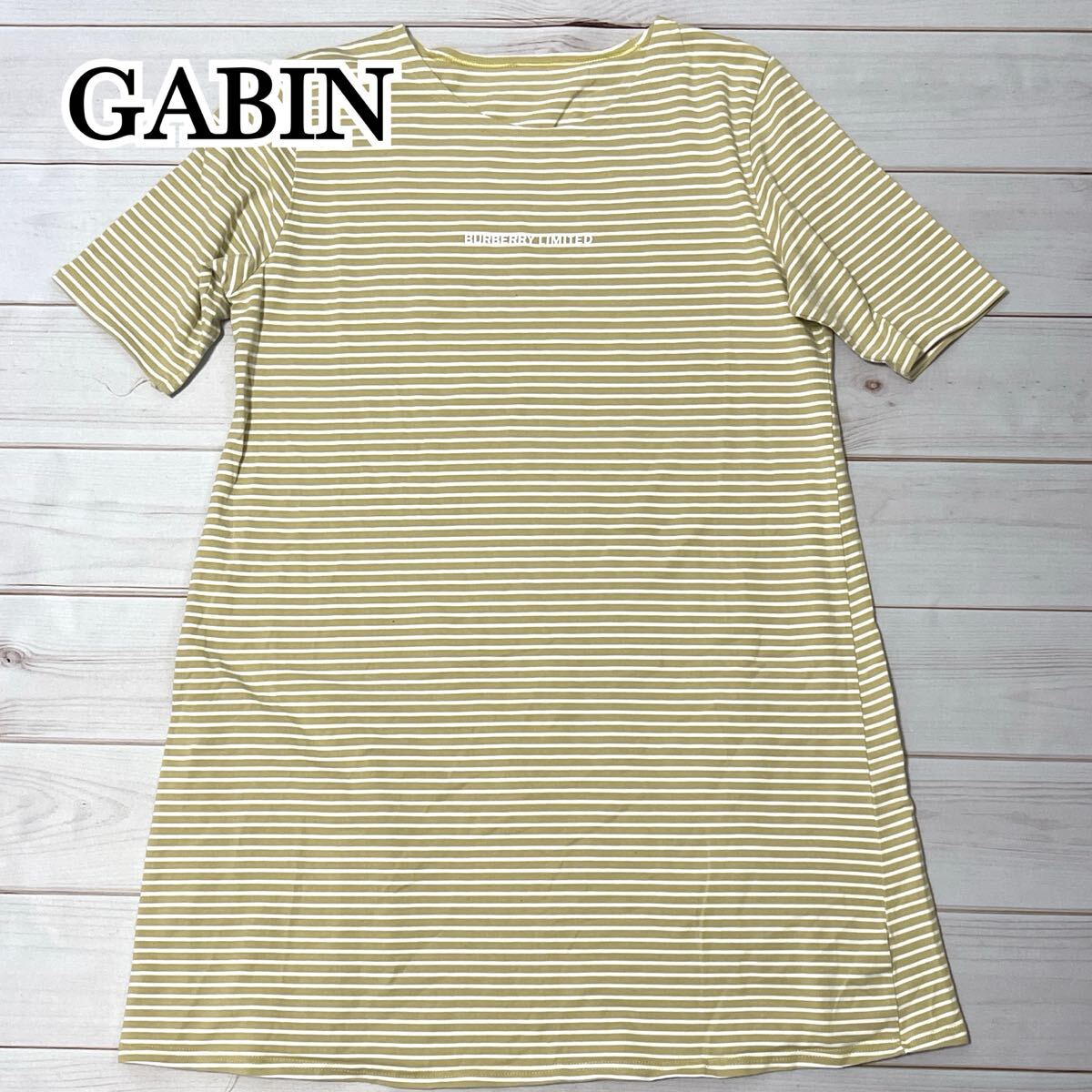 GABIN ギャビン ワンピース 膝丈 ひざ丈 Tシャツ カットソー ボーダー カジュアル ロゴプリント 春 夏 ゆったり イエロー ベージュ M 〜 L拍卖