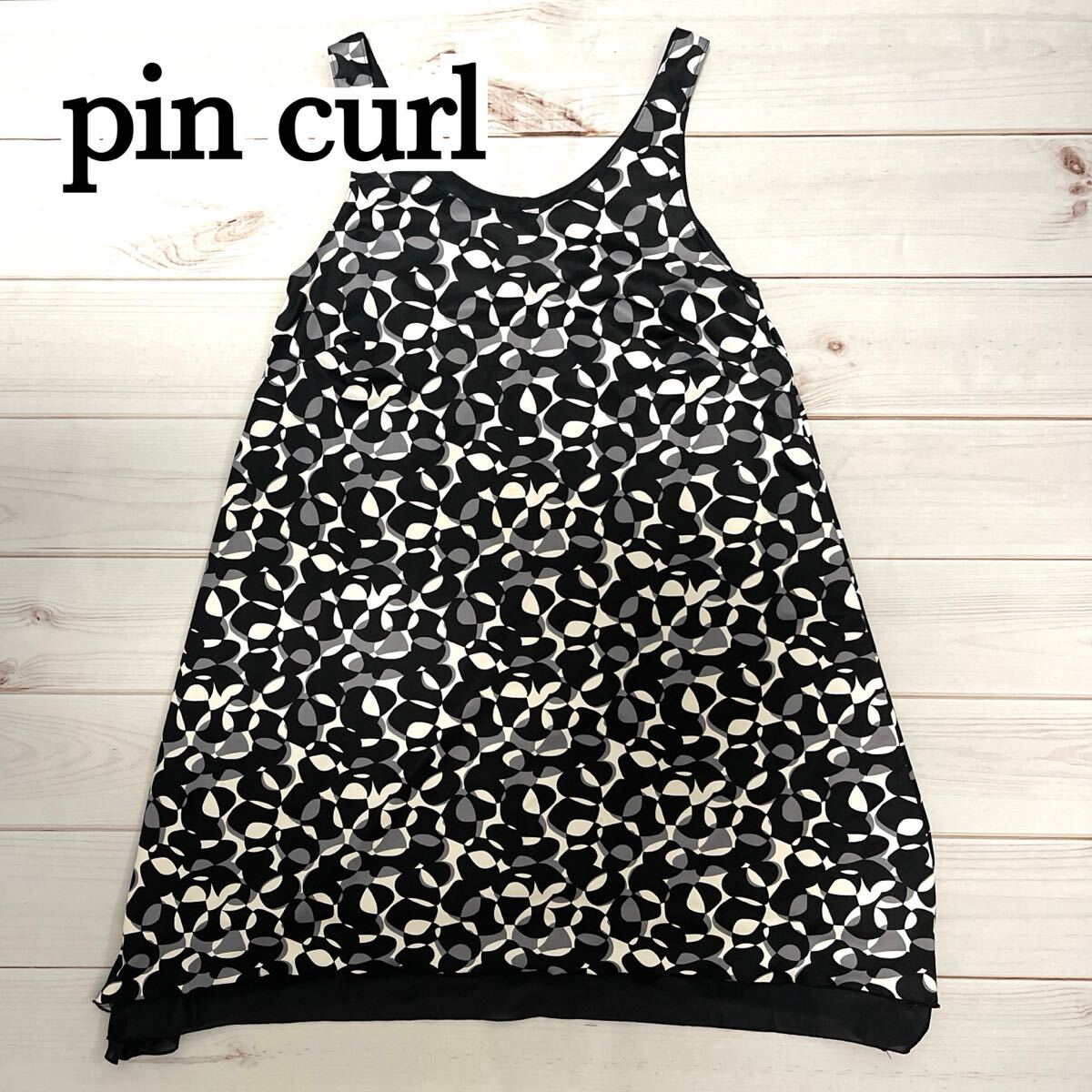 pin curl ピンカール ワンピース キャミワンピース 膝丈 ひざ丈 総柄 モード お出かけ ゆったり ブラック 黒 38 M拍卖