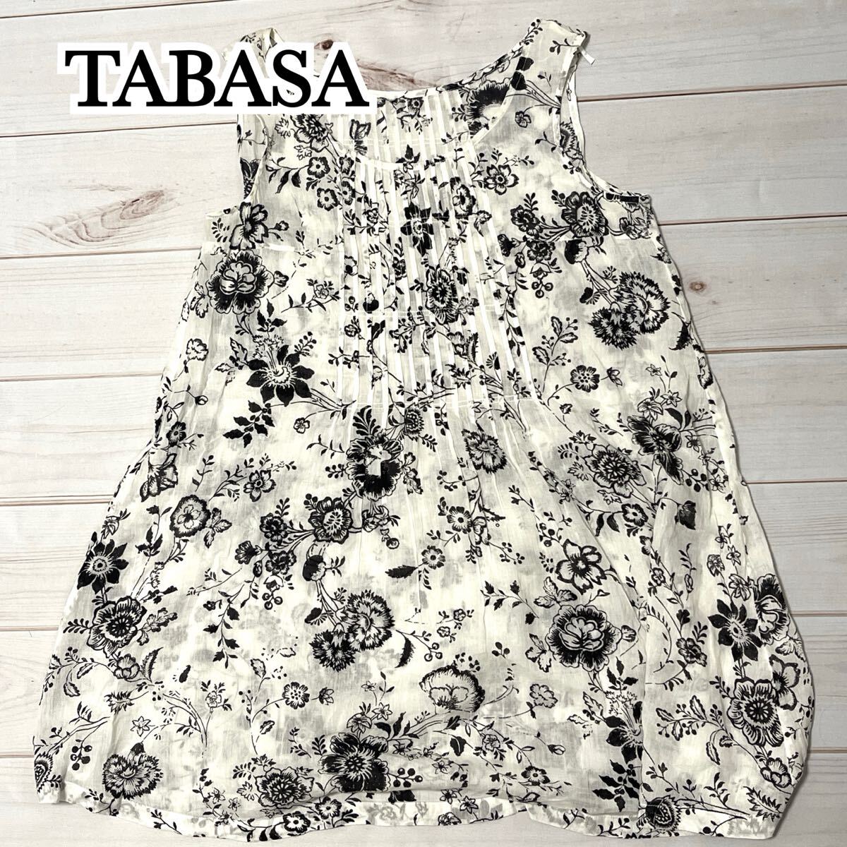 TABASA タバサ ノースリーブ ワンピース シースルー ひざ上 膝上 花柄 総柄 フレア コットン レディース ホワイト ブラック 34 S 〜 M拍卖