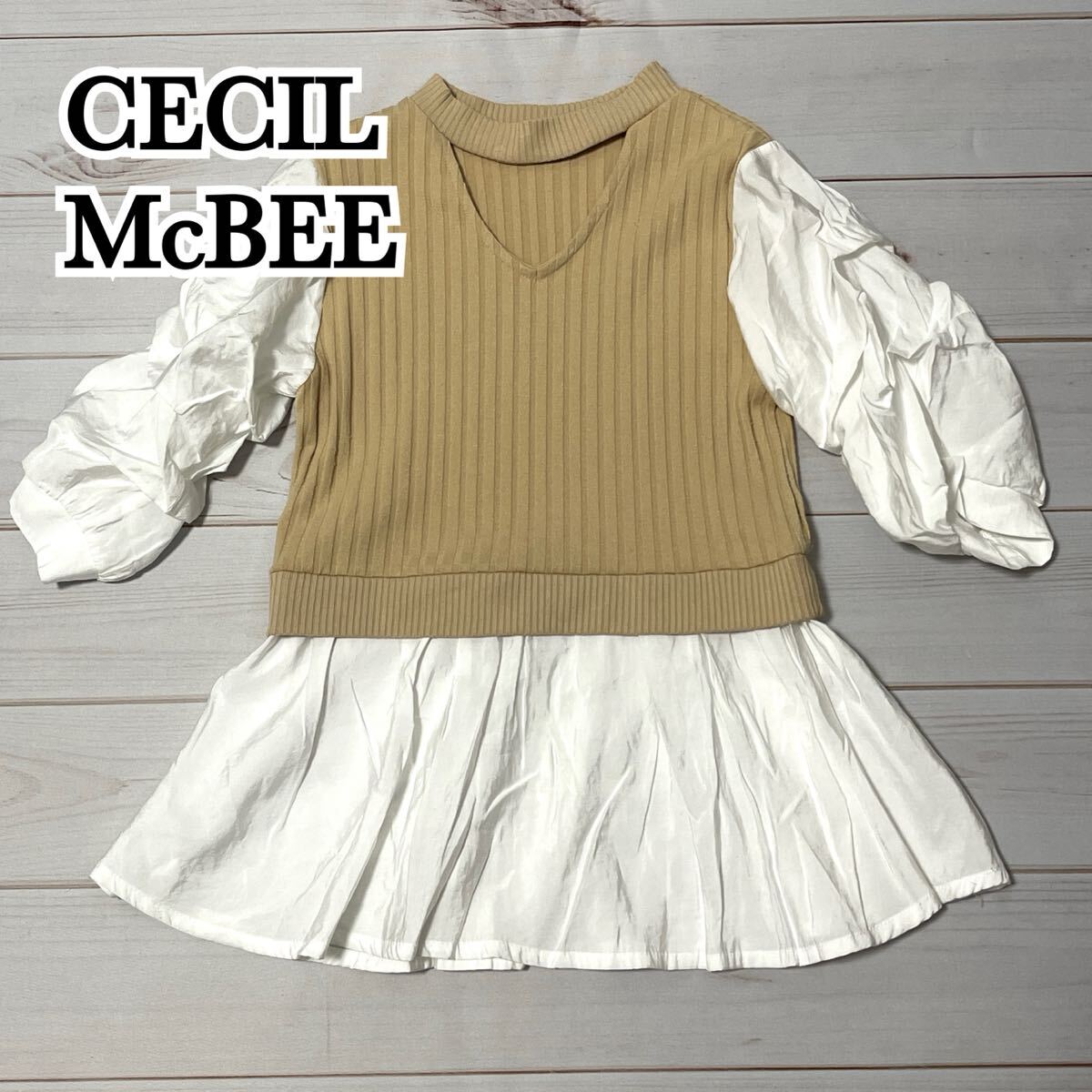 CECIL McBEE セシルマクビー トップス チュニック レディース サマーニット ミディ丈 五分袖 チョーカー風 フレア ベージュ フリー拍卖