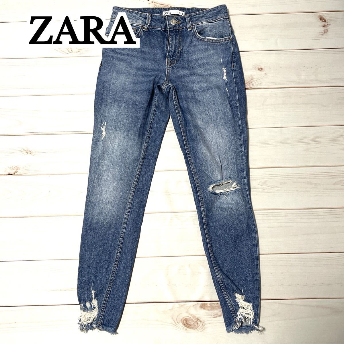 ZARA ザラ ジーンズ スキニー デニム パンツ デニムパンツ レディース ダメージ加工 カジュアル ボトムス ストレッチ インディゴ ブルー M拍卖