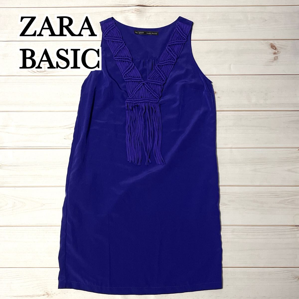 ZARA BASIC ザラ ベーシック ノースリーブ ワンピース Vネック 膝丈 ひざ丈 Iライン 春 夏 大きめ ドレス モード アメリカン ブルー S拍卖