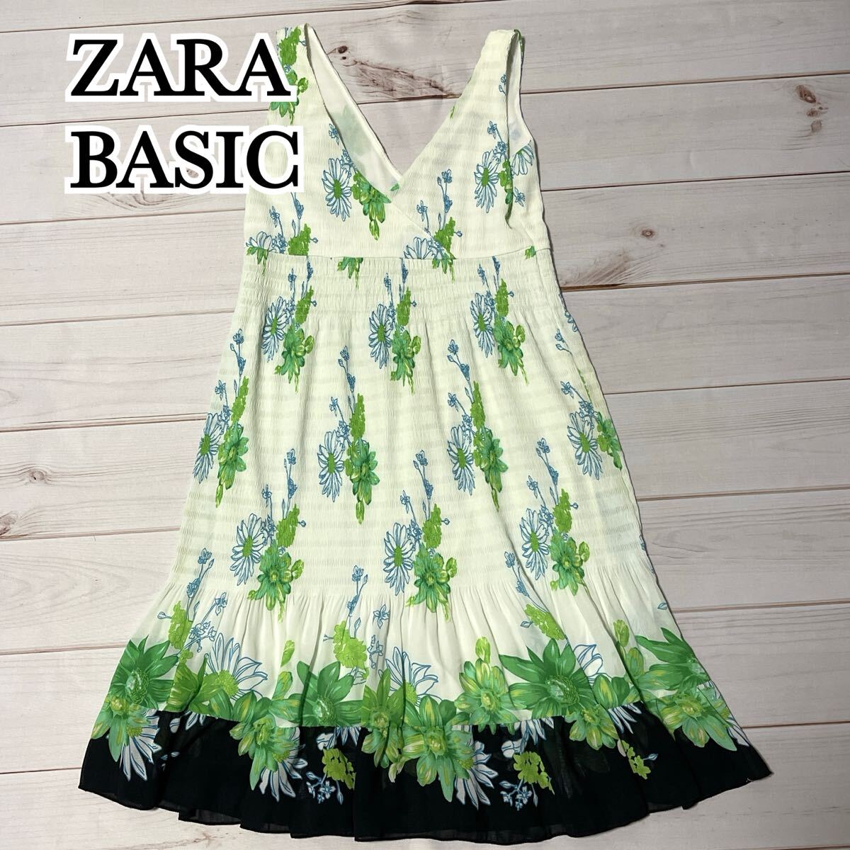 ZARA BASIC ザラ ベーシック ワンピース レディース ノースリーブ ひざ丈 膝丈 花柄 総柄 涼し気 レース ドレス グリーン 緑 S拍卖