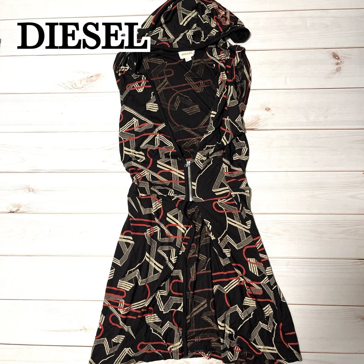 DIESEL ディーゼル ワンピース ノースリーブ ウール レディース 総柄 ロング丈 フード付き ノースリーブワンピース モード ブラック M拍卖