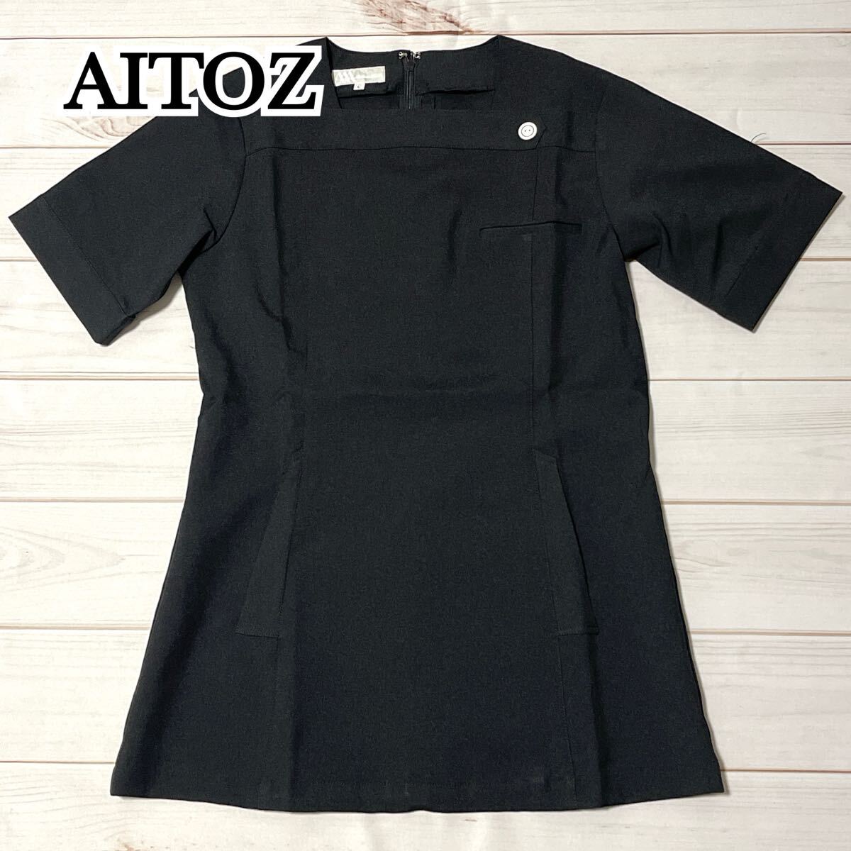 AITOZ アイトス 施術着 仕事着 作業着 整体 医療スクラブ エステ 半袖 トップス ゆったり ポケット付き 膝上 ひざ上 ブラック 黒 L拍卖