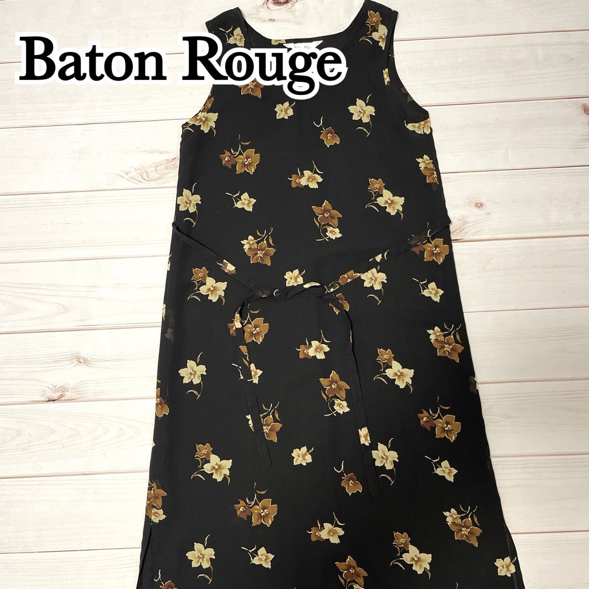 Baton Rouge バトンルージュ ワンピース ノースリーブ レディース 花柄 総柄 ロング丈 ゆったり ウェストリボン 黒 ブラック M拍卖