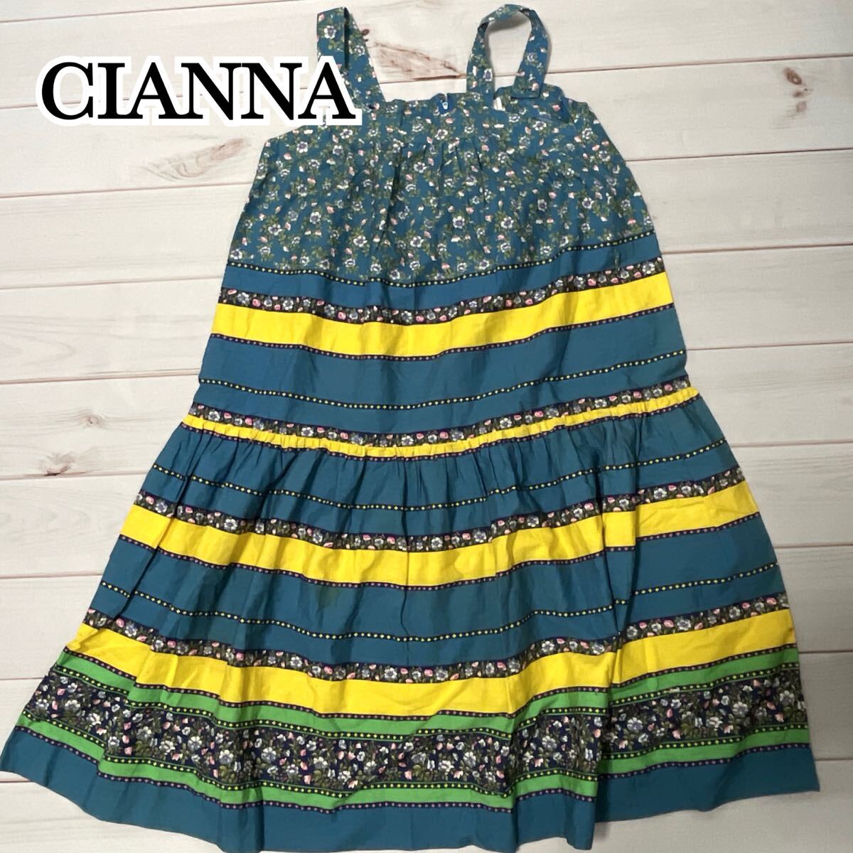 CIANNA シャンナ キャミソールワンピース キャミワンピース レディース 花柄 レトロ コットン ロング丈 フレア ブルー イエロー M 〜 L拍卖
