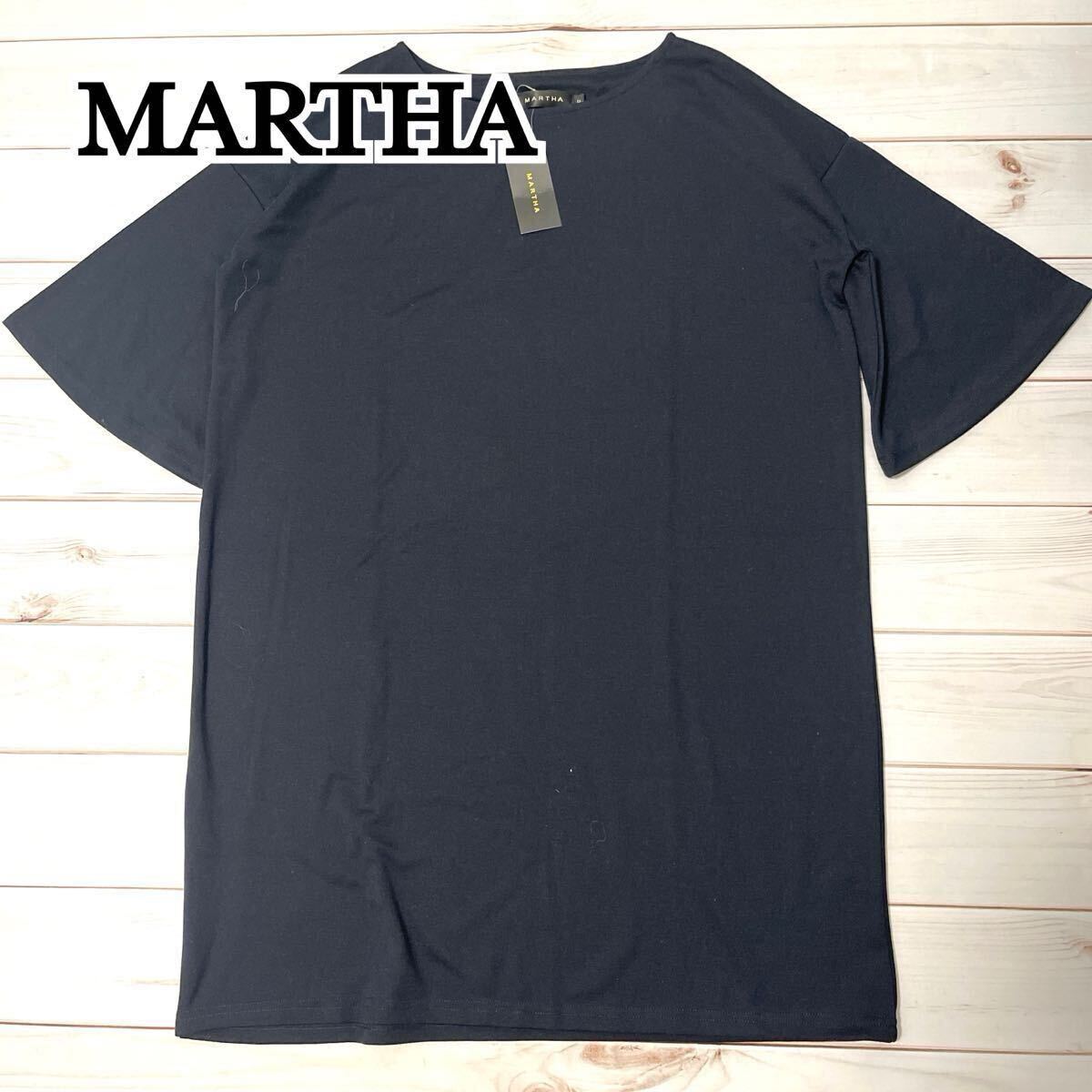 新品 未使用 MARTHA マーサ Tシャツ 半袖 ロング丈 ワンピース クルーネック ストレッチ 大きめ 袖長め 春夏 レディース ネイビー フリー拍卖