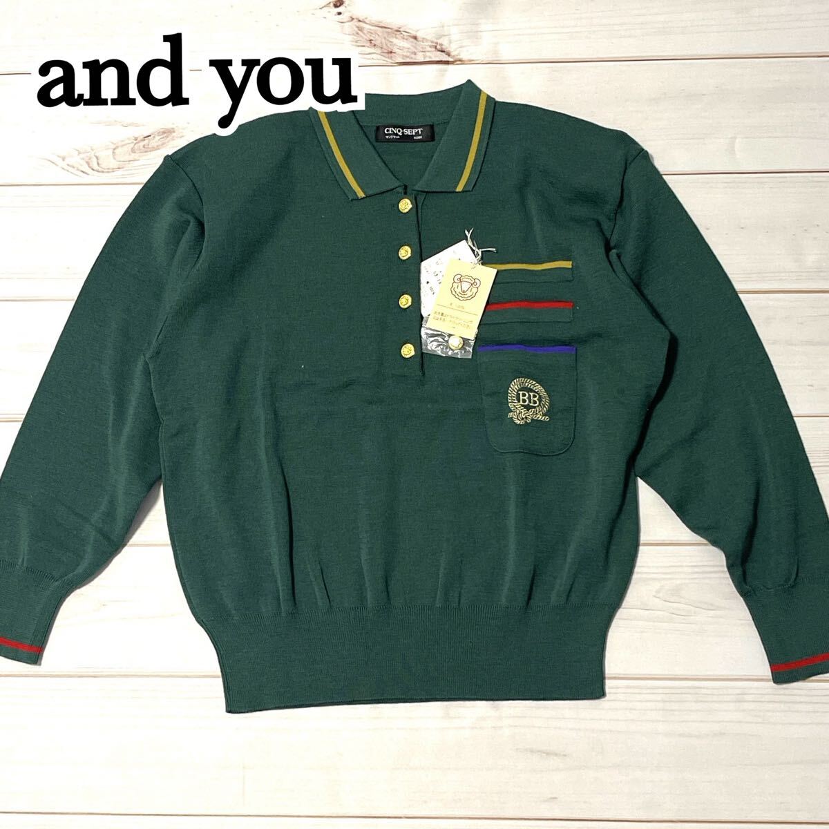 新品 and you アンドユー ニット ニットソー レディース ウール プルオーバー ロゴ入り 韓国風 ゆったり 肩パット トップス グリーン M拍卖