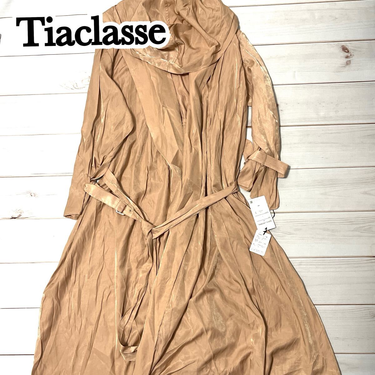 新品 未使用 Tiaclasse ティアクラッセ トレンチコート ロング丈 コート 薄手 レディース 春秋 ウェストリボン付き オレンジ ピンク L拍卖