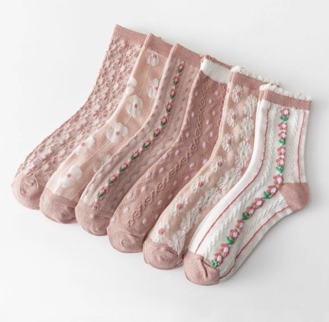 【レディース 花柄ソックス 6足セット】女性用 靴下 22cm~25cm ピンク ホワイト 通気性・伸縮性 ◎拍卖