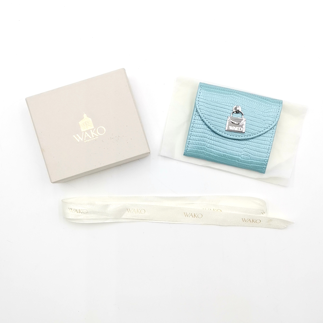 送料無料 超美品 ワコー WAKO コインケース 小銭入れ 財布 リザード型押し レザー ライトブルー系 レディース拍卖