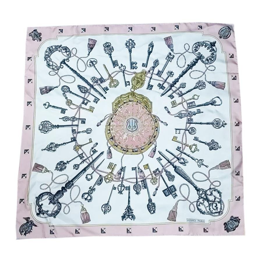 送料無料 美品 エルメス HERMES カレ90 スカーフ ショール LES CLES THE KEYS RARE 鍵 レディース拍卖