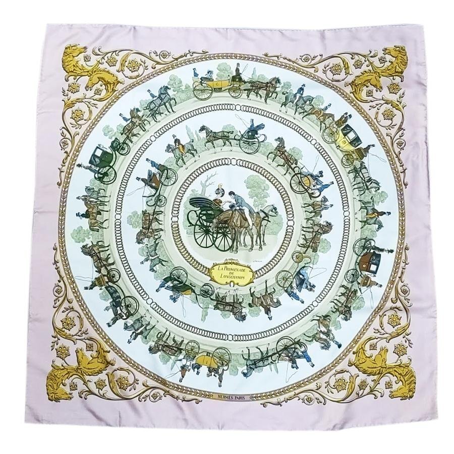 送料無料 超美品 エルメス HERMES スカーフ カレ90 大判 ショール ロンシャンの散歩路 フランス製 ピンク系 レディース拍卖