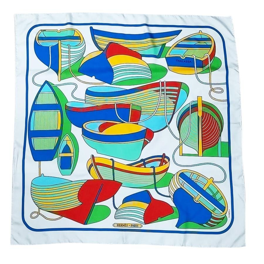 送料無料 美品 エルメス HERMES スカーフ カレ90 大判 ショール THALASSA ボート柄 フランス製 レディース拍卖