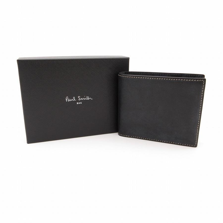 送料無料 美品 ポールスミス Paul Smith 財布 二つ折り ワックスレザー 本革 黒 ブラック系 メンズ拍卖