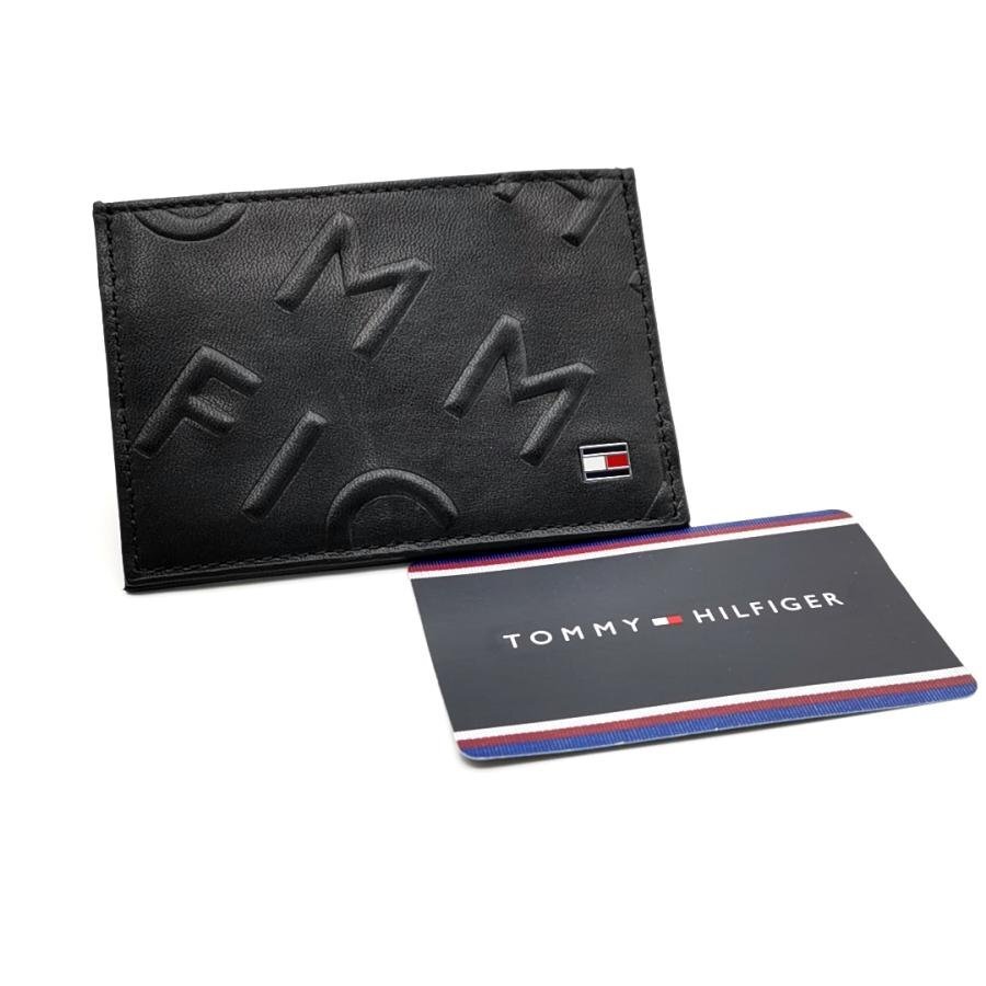 送料無料 超美品 トミーヒルフィガー TOMMY HILFIGER カードケース カード入れ 名刺入れ レザー 型押し 黒 メンズ拍卖