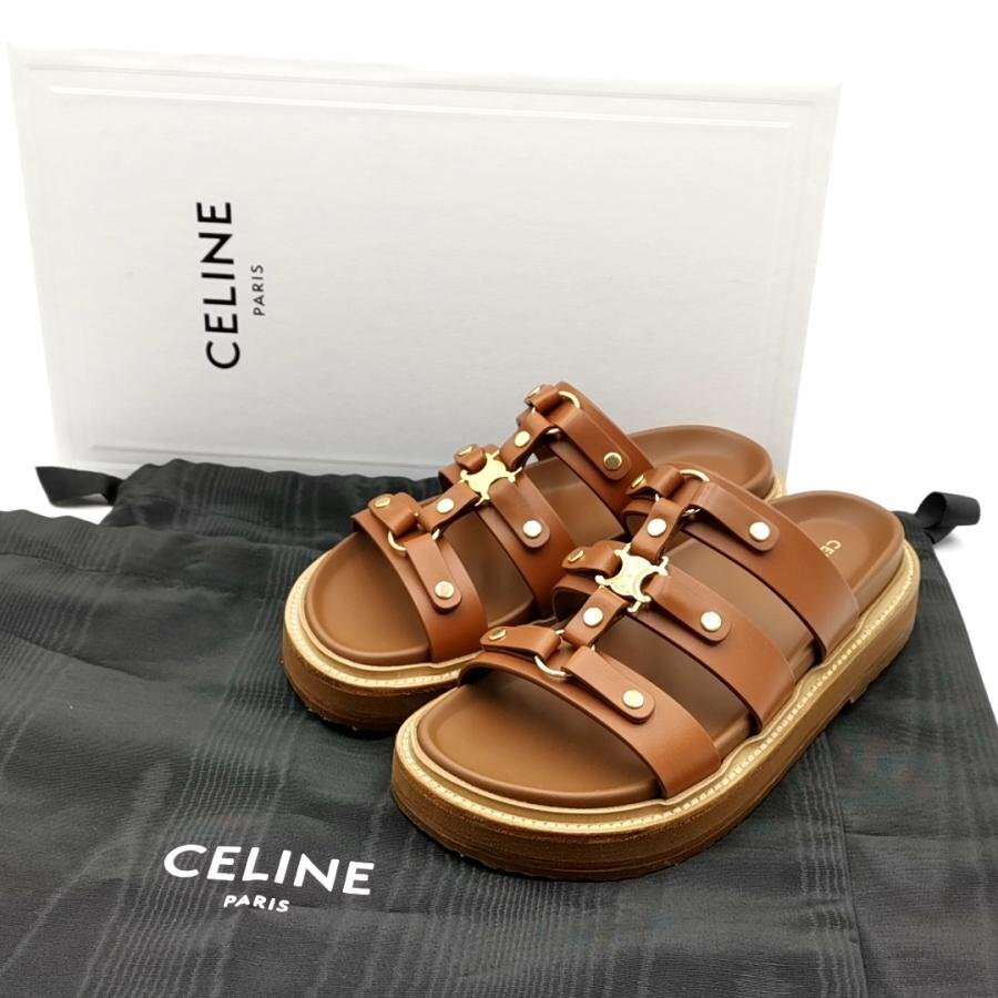送料無料 美品 セリーヌ CELINE サンダル ティッピ TIPPI スライドサンダル ミュール レザー 伊製 34 レディース拍卖