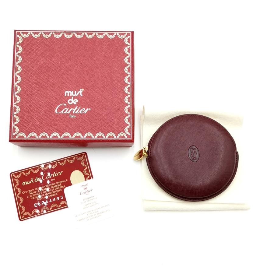 送料無料 超美品 カルティエ Cartier コインケース 小銭入れ 財布 丸形 マストライン レザー ボルドー系 レディース拍卖