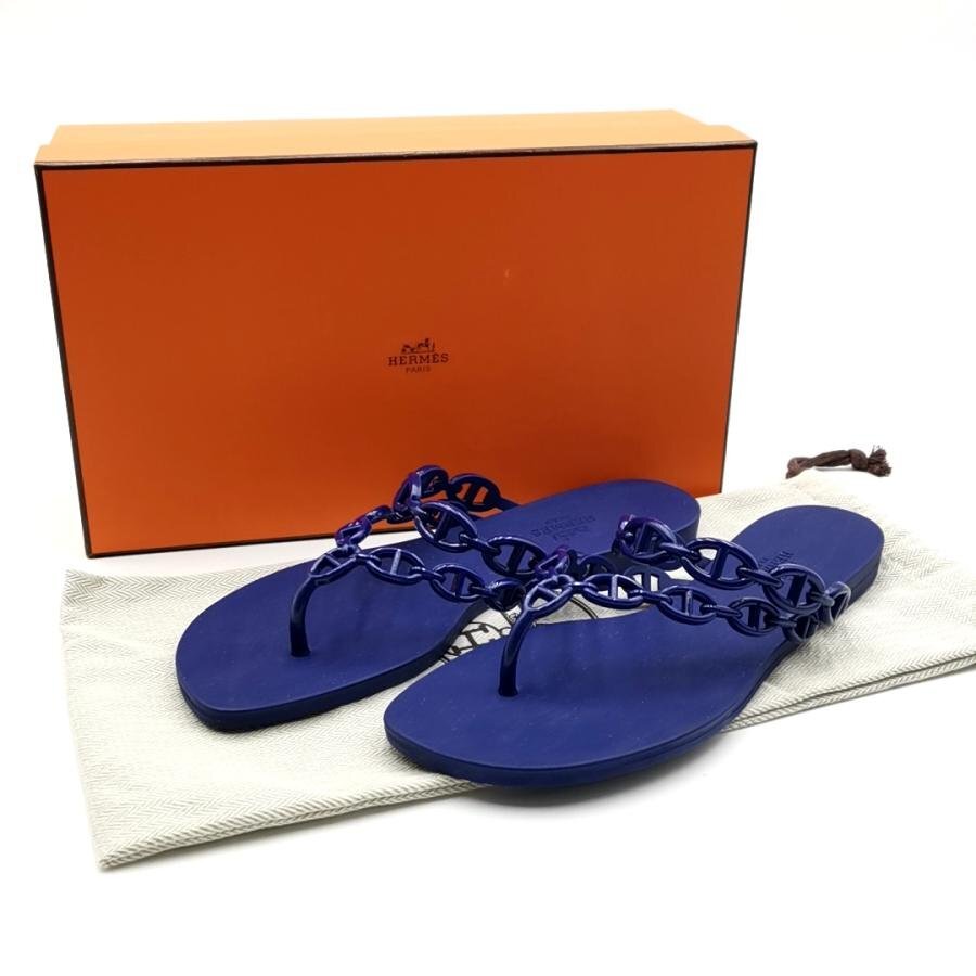 送料無料 美品 エルメス HERMES サンダル 靴 ビーチサンダル ラバー シエーヌダンクル 37 伊製 イタリア製 レディース拍卖
