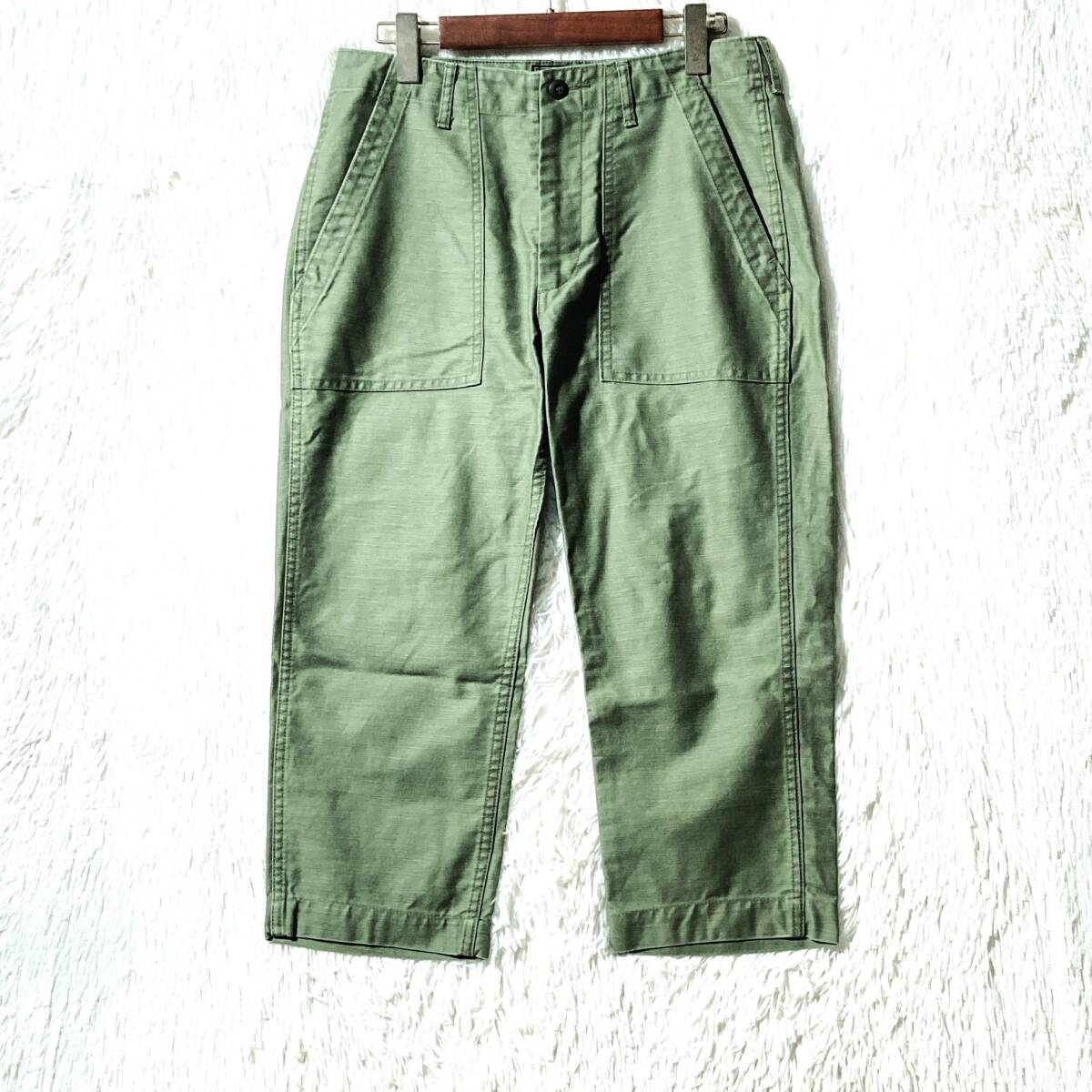 CRIMIE★名作★TROOP CROPPED PANTS★7分丈ベイカーパンツ ファティーグ クロップド バックサテン USED加工 ミリタリー 緑 32 クライミー拍卖