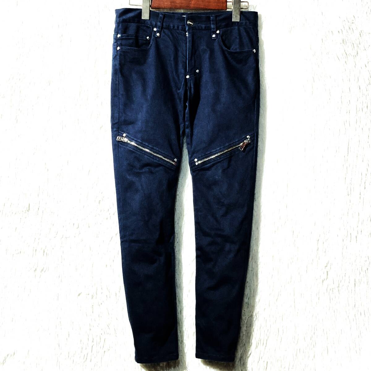 DIET BUTCHER★近年 完売 名作★(U)Zipped skinny pants★ストレッチ ZIP バイカー スキニーパンツ 紺 1 ダイエットブッチャー 定価41800円拍卖