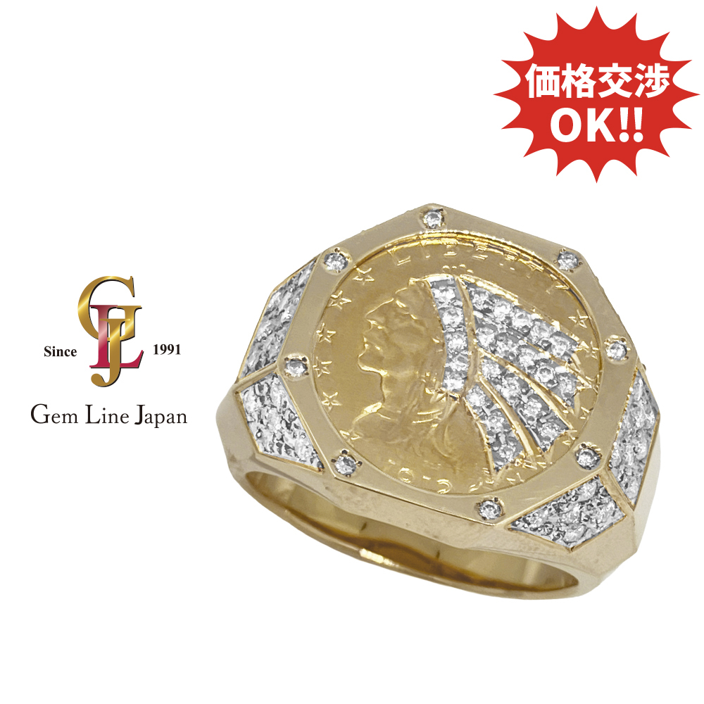 K21.6/K18 インディアンヘッド コイン 2.5ドル 金貨 ダイヤ 0.67ct メンズ リング拍卖