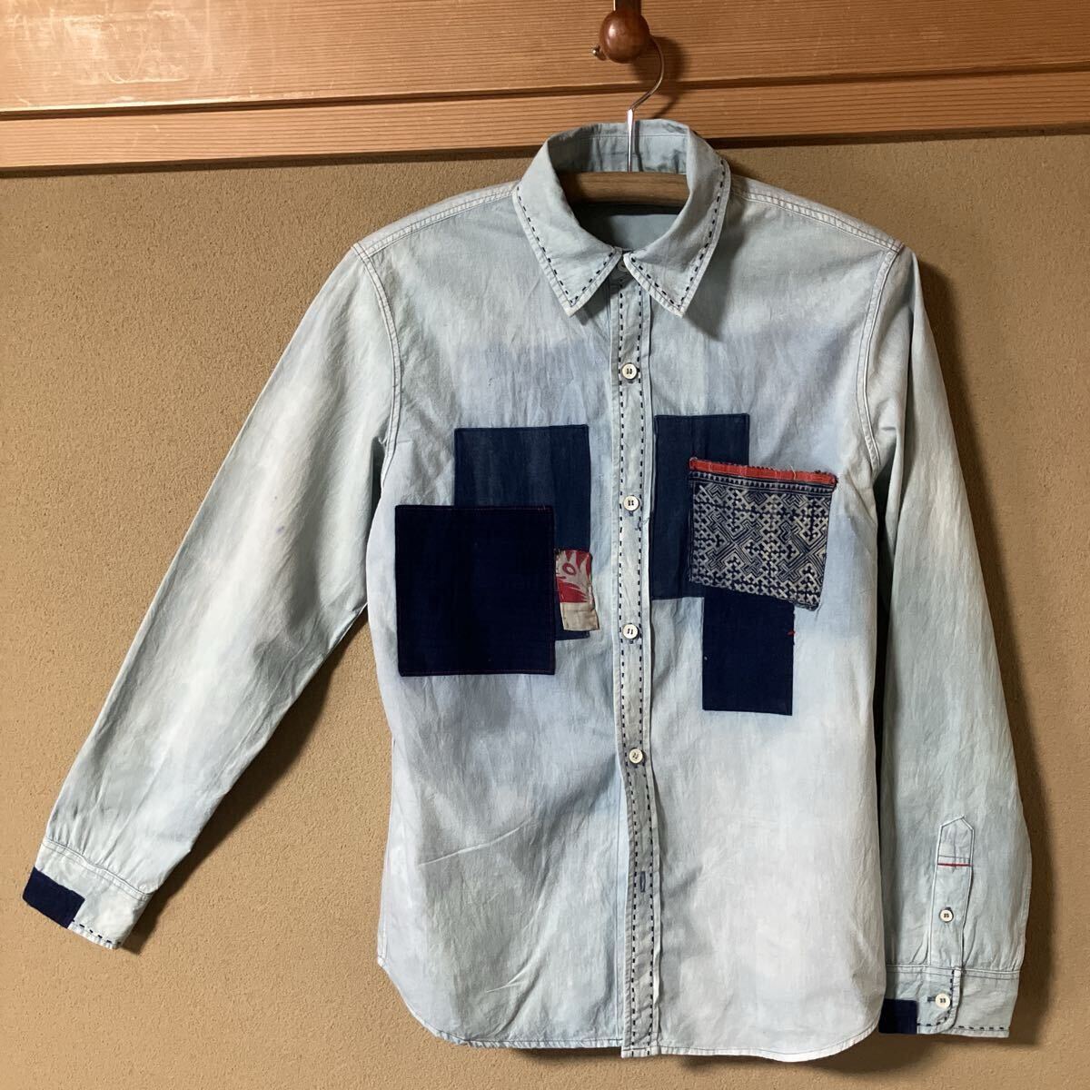 ガイジンメイド、シャンブレー古布貼付け刺し子シャツ ミントグリーン/Sサイズ拍卖