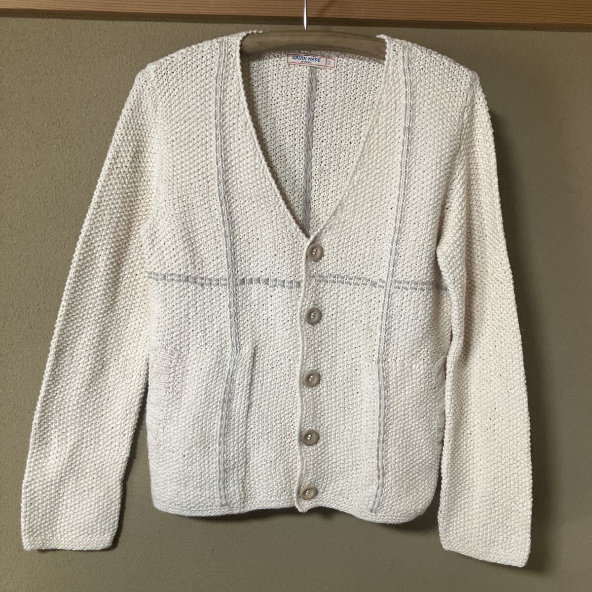 ガイジンメイド、綿手編み鹿子編み+刺し子カーディガン ホワイト/Mサイズ拍卖