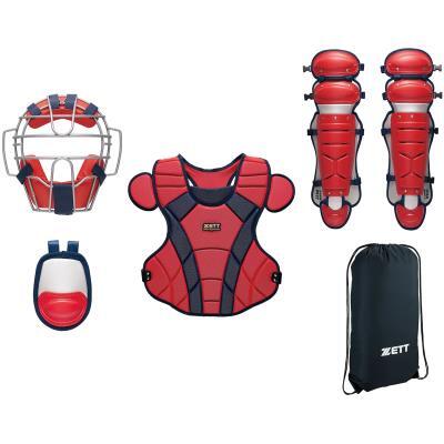 59 限定品 ゼット 一般軟式用キャッチャー防具4点セット レッド×ネイビー 袋付 BL3350 6429 新品拍卖