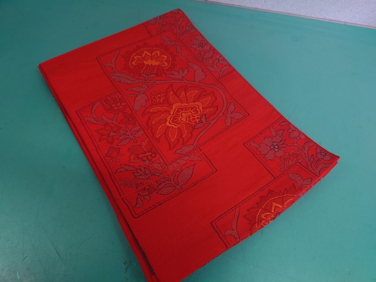 ● 119 朱色 赤 エキゾチック フラワー 大きめ 花柄 刺繍 織 帯 名古屋帯 リメイク コスプレ 中古 ③拍卖