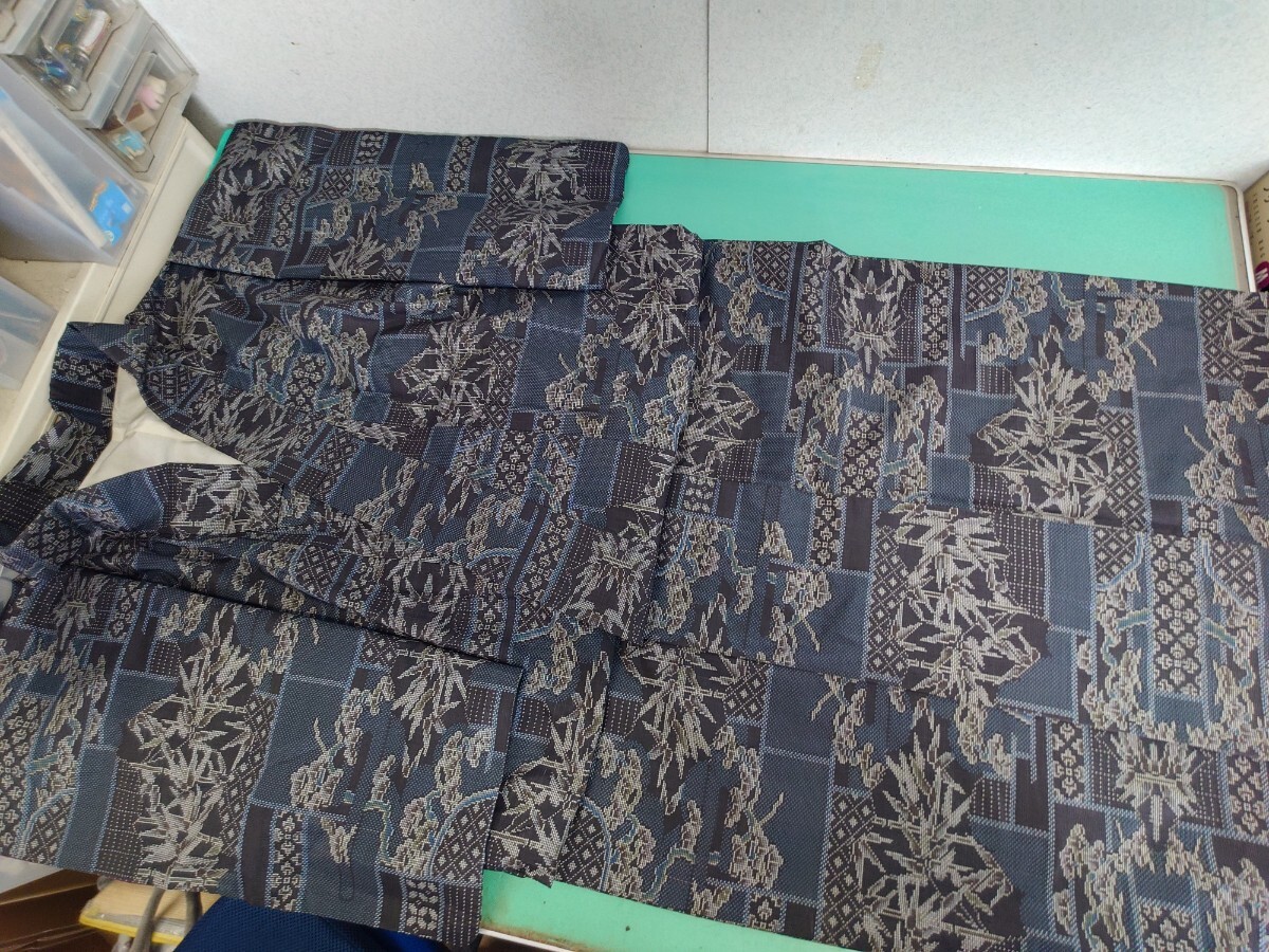 ●大40 高級 素敵な 大島紬 松 竹 模様 ブルー×黒 同窓会 観劇 美術館 ショッピング オシャレ着 レトロ アンティーク 美品③拍卖
