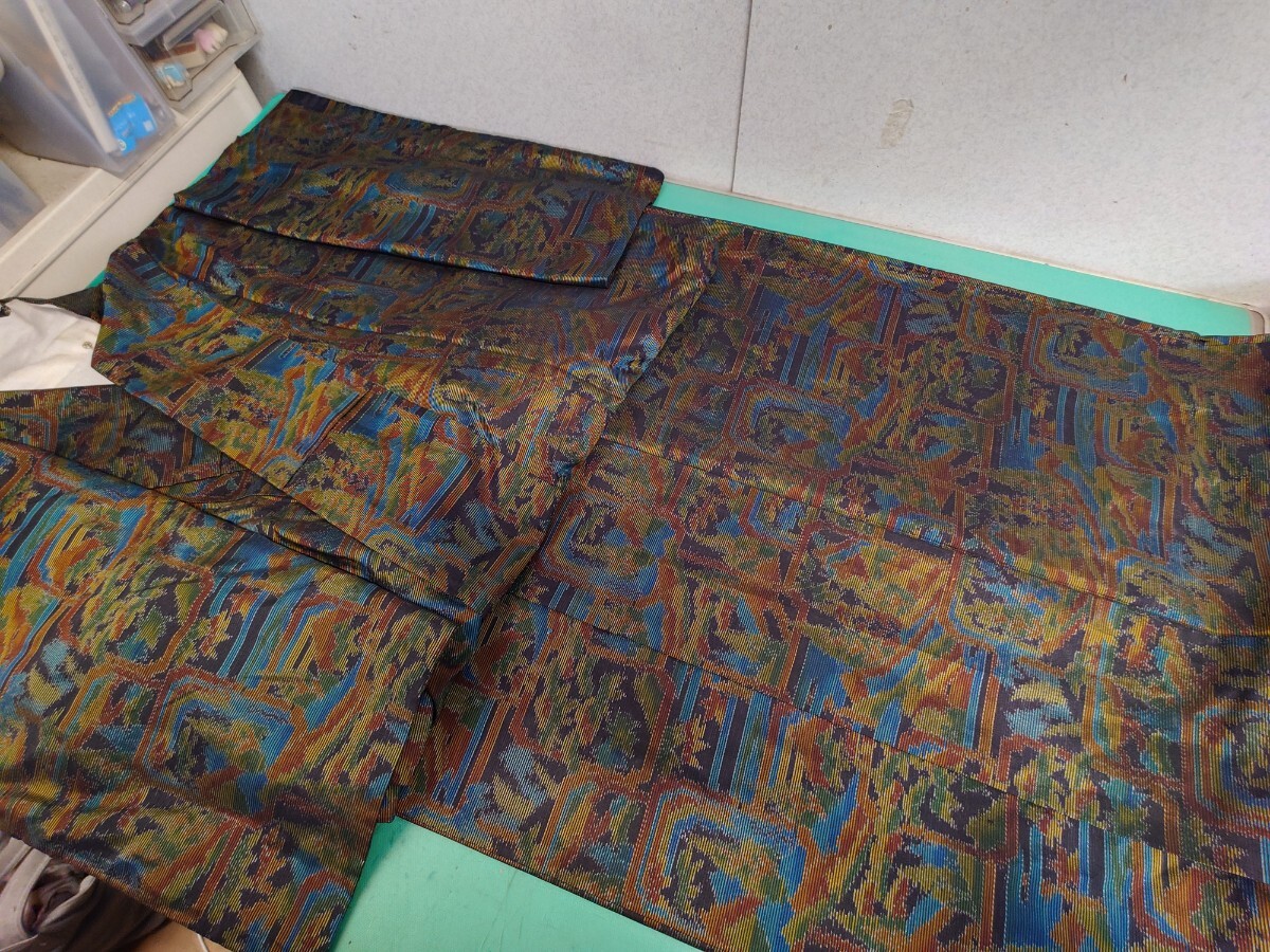 ●大43 高級 大島紬 南国 カラフル カラー オレンジ ブルー グリーン 系 同窓会 観劇 美術館 オシャレ着 レトロ アンティーク 美品 ③拍卖