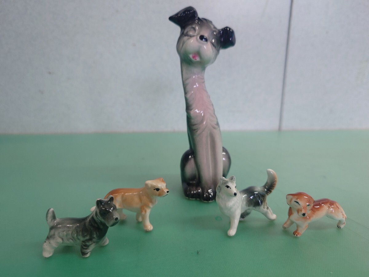 ● 昭和 レトロ ポップ ファンシー 雑貨 犬 陶器 人形 5点セット シュナ シェルティ ダックス 猫? 置物 アンティーク ヴィンテージ ③拍卖