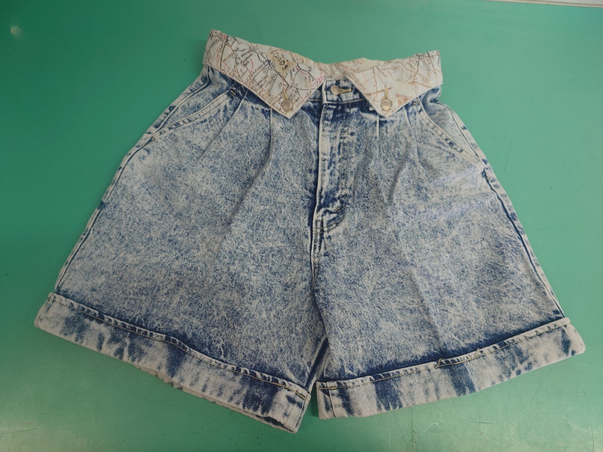 ●日本製 80's オールド ヴィンテージ 昭和レトロ ツータック ケミカルウォッシュ デニム ショートパンツ ウエスト折返し ワッペン 古着①拍卖