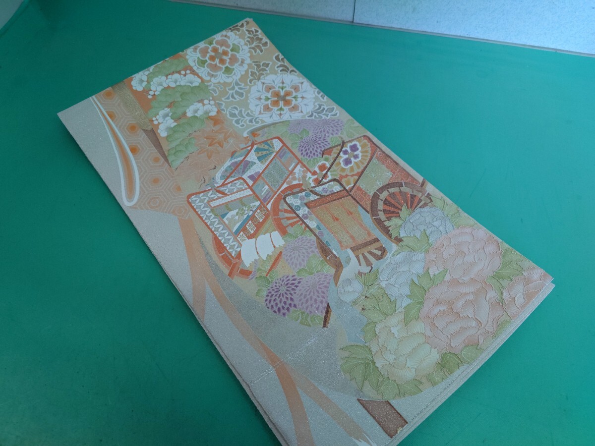 ●205 相良刺繍? フレンチノットステッチ? 豪華 刺繍 高級 袋帯 古典 モダン 牡丹 菊 御所車 松 梅色 椛 花紋 オリエンタル 淡色 美品③拍卖