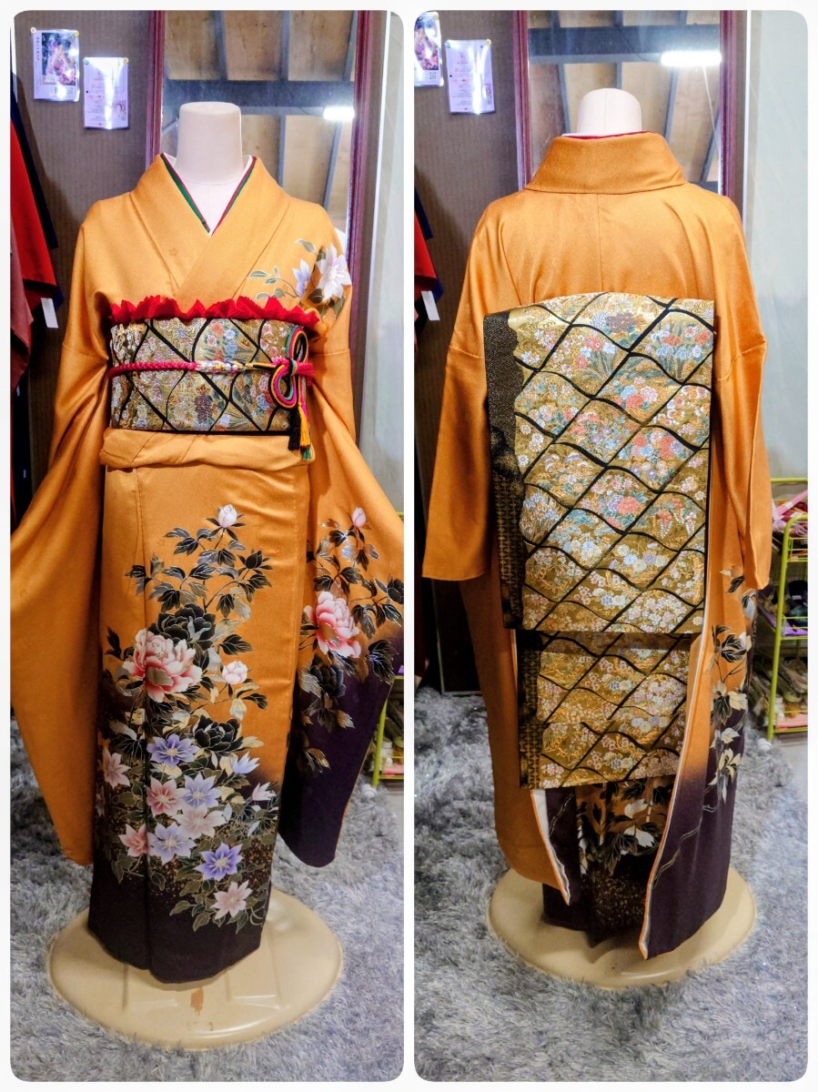 ●T) 豪華絢爛 正絹 振袖 黄/辛子/黄土色 系 牡丹 クレマチス/帯 金地 花柄 /帯揚げ 赤/帯締め パール飾/重ね衿/襦袢 6点セット 中古美品③拍卖