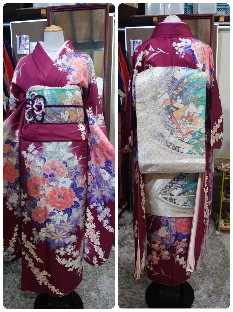 ●U) 正絹 振袖 臙脂色 ワインレッド 系 牡丹 クレマチス/帯 銀 エメラルドグリーン /帯揚げ /帯締め×2 /重ね衿/ 6点セット 中古 ④拍卖