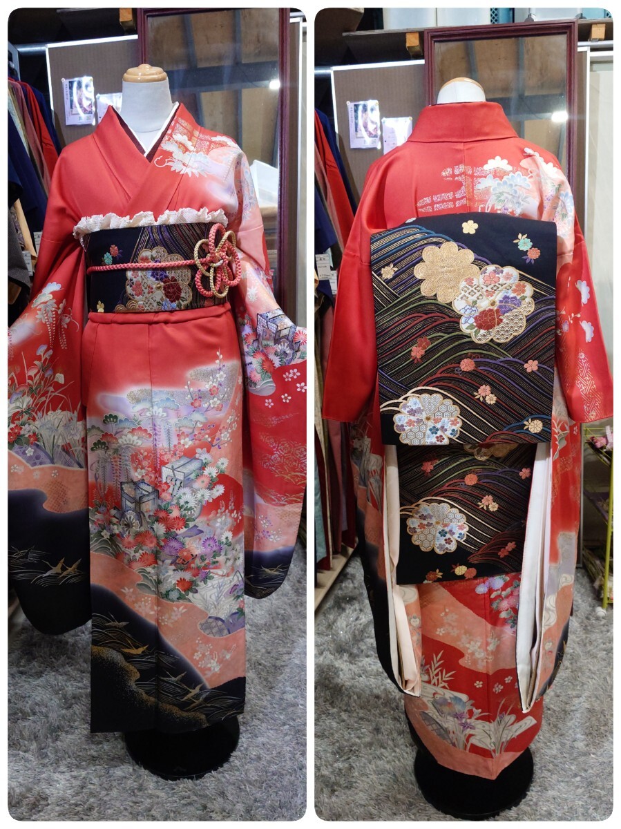 ● V)豪華絢爛 正絹 振袖 赤 ピンク 系 花鳥 爛漫/帯 帯 黒地 花柄 /帯揚げ /帯締め×2/重ね衿/ 成人式 結婚式 5点セット 中古 ③拍卖