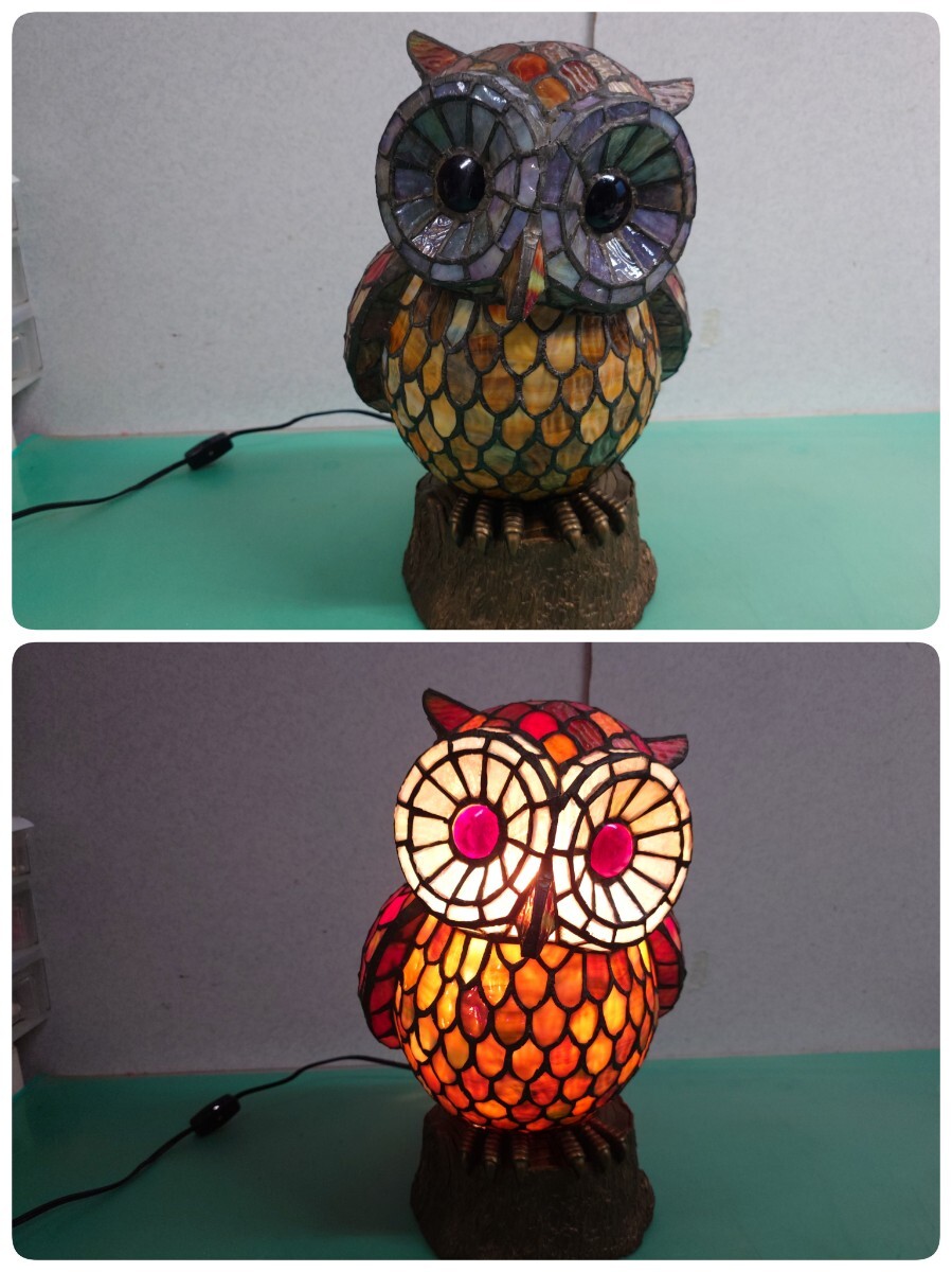 ● アンティーク調 フクロウ ミミズク ステンドグラス 卓上ランプ テーブルランプ スタンドランプ ライト ハンドメイド 36.5cm 中古 ④拍卖