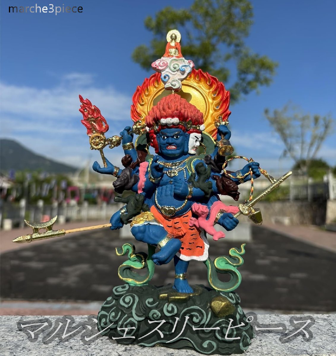 不浄金剛 彩色と金泥で描かれた 烏枢沙摩明王像 檜の精緻な彫刻 災厄除け 木彫 開運 トイレ 仏龕・仏間にご安置用拍卖