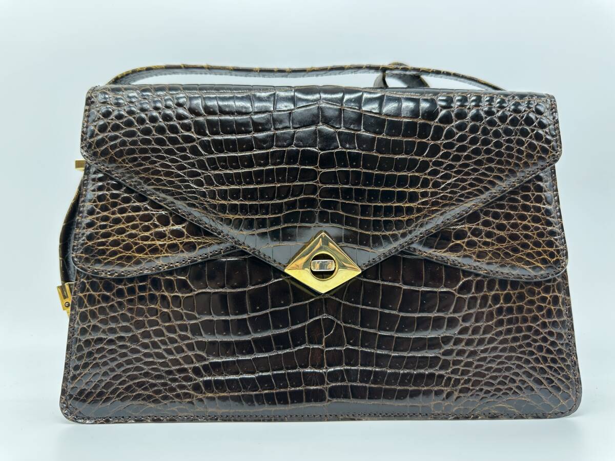 ●91245 クロコダイル ブラウン レザー ハンドバッグ ショルダーバッグ拍卖