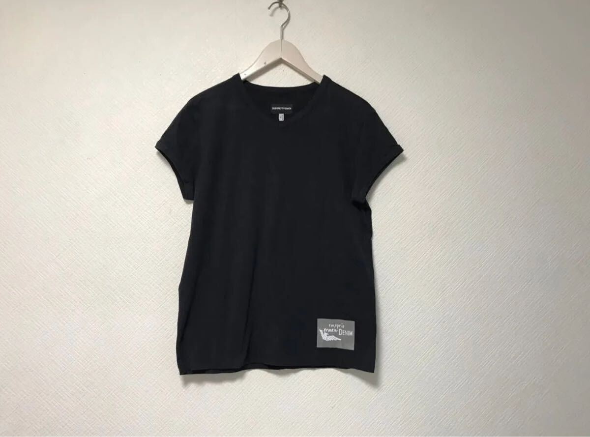 本物エンポリオアルマーニEMPORIOARMANIコットンストレッチVネック半袖Tシャツメンズサーフアメカジミリタリーワーク黒ブラックXLペルー製拍卖